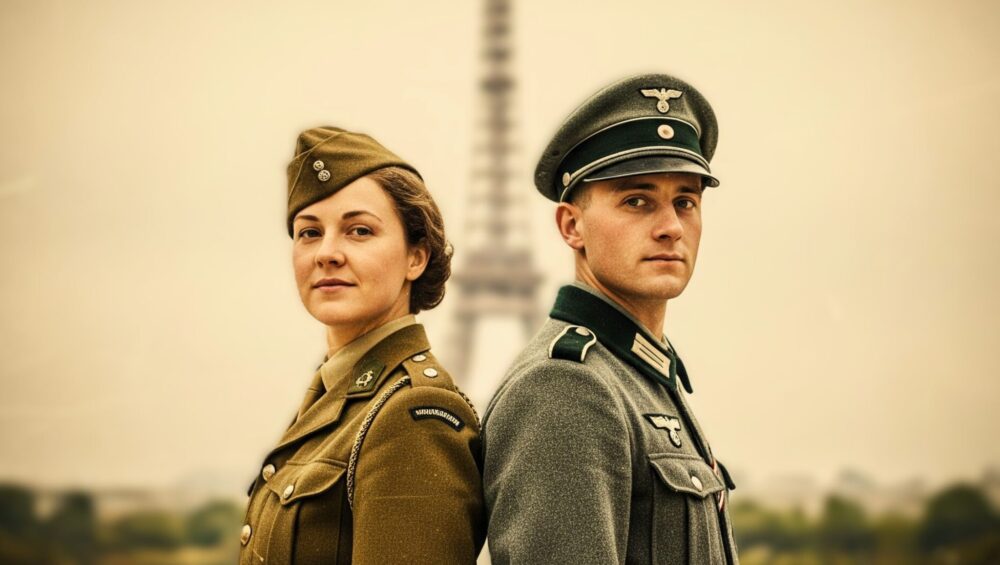 "Soldado de la Wehrmacht y mujer del ejército británico frente a la Torre Eiffel durante la Segunda Guerra Mundial, representando la presencia militar y la historia del conflicto en Europa"