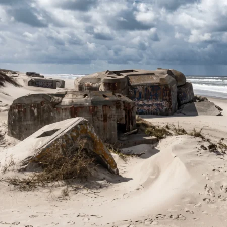 Restos de un búnker de la Segunda Guerra Mundial en las playas de Normandía, un escenario histórico para descubrir el patrimonio militar a través de los viajes de historia, el turismo cultural y las experiencias en destinos históricos de Europa.
