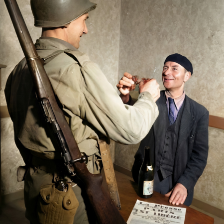 El soldado raso John Simms (Pittsburgh, Pensilvania) y Louis Lehaut (Cherburgo, Francia) celebran la liberación de París el 25 de agosto de 1944, fotografía histórica de la Segunda Guerra Mundial