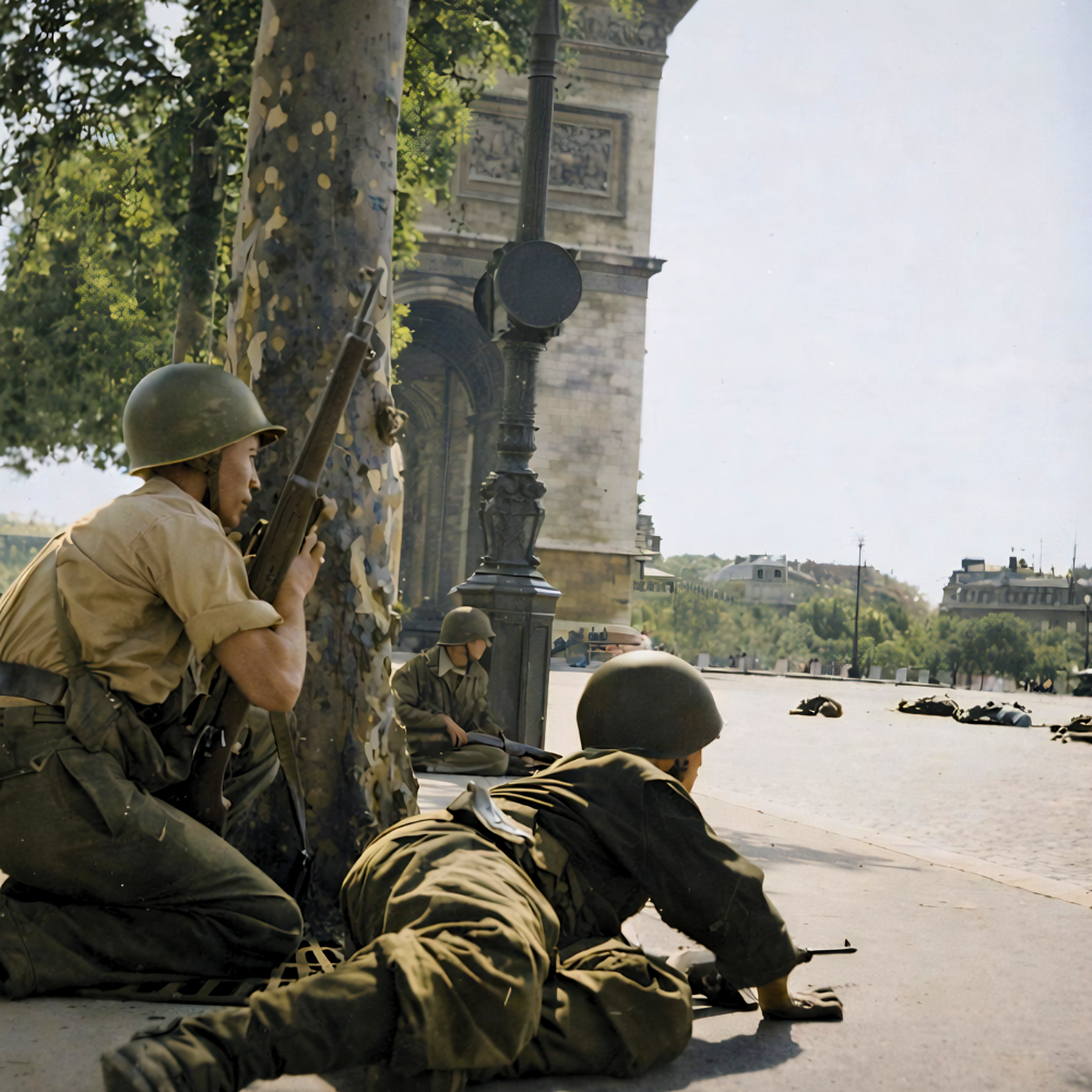 La 2ª división francesa dispara contra los francotiradores. Imágenes bélicas. Segunda guerra mundial. Conflicto.