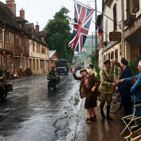Llegada de las tropas británicas a Normandía. Imágenes de alegría. Conflicto bélico. Segunda guerra mundial