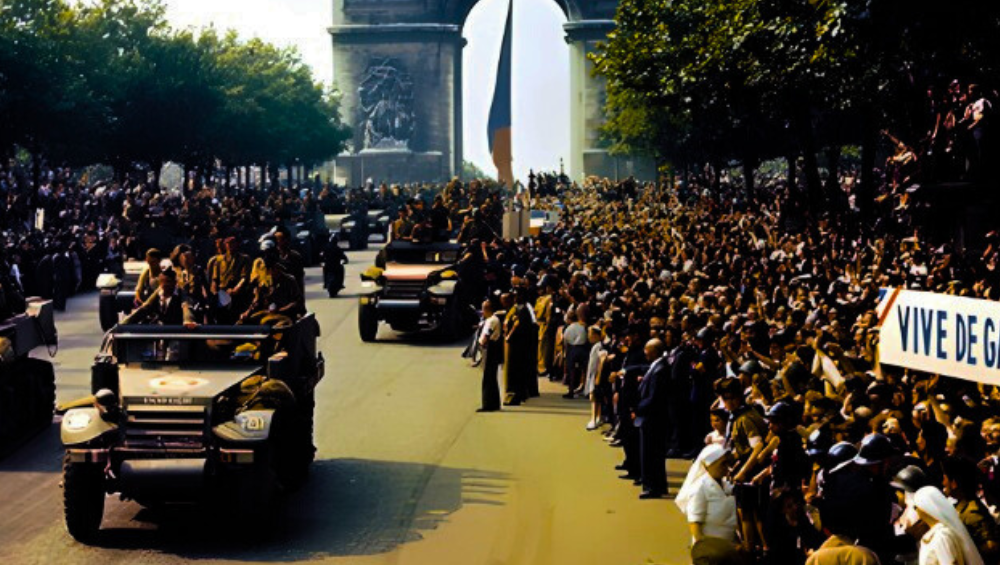 Multitudes de patriotas franceses se alinean en los Campos Elíseos para ver los tanques y semiorugas de la 2.ª División Blind.Conflicto bélico. Segunda guerra mundial