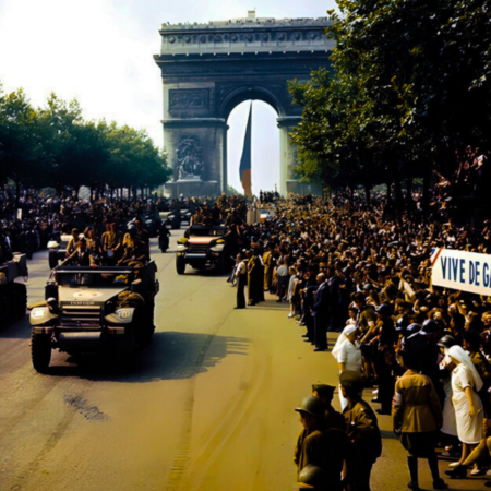 Multitudes de patriotas franceses se alinean en los Campos Elíseos para ver los tanques y semiorugas de la 2.ª División Blind.Conflicto bélico. Segunda guerra mundial