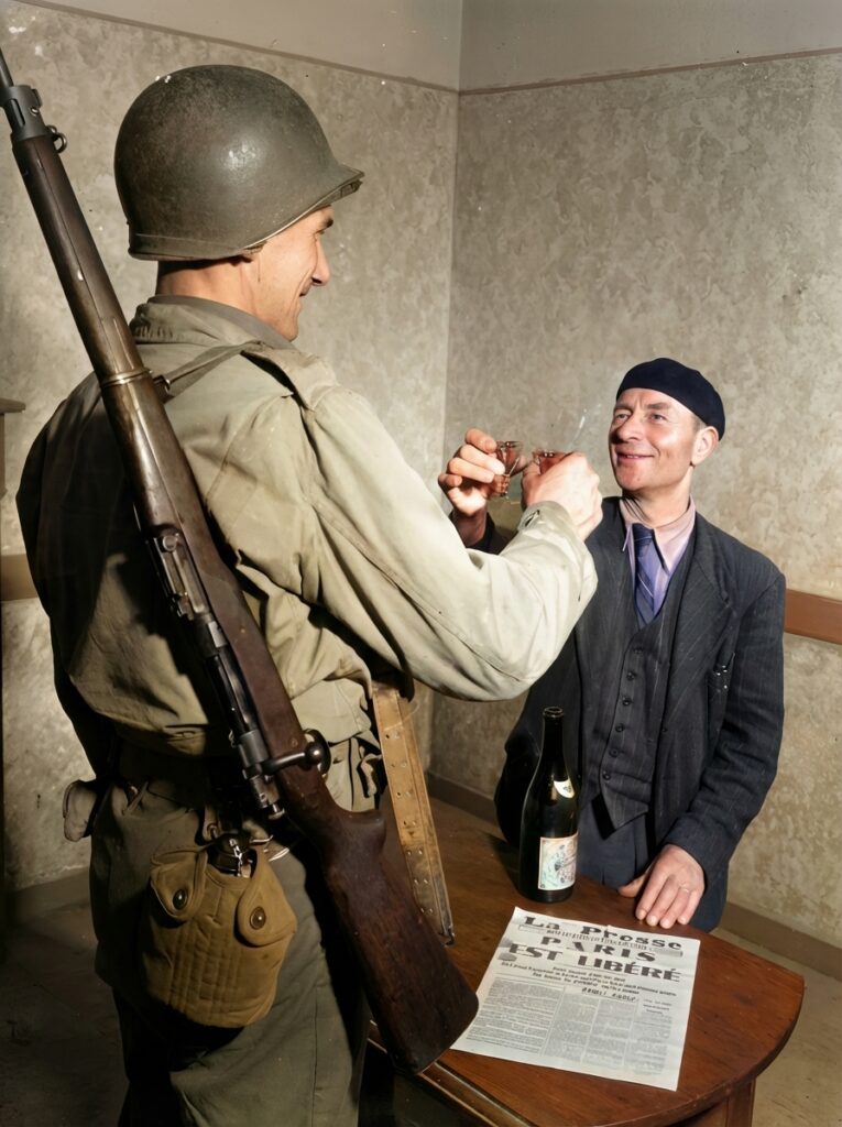 El soldado raso John Simms (Pittsburgh, Pensilvania) y Louis Lehaut (Cherburgo, Francia) celebran la liberación de París el 25 de agosto de 1944, fotografía histórica de la Segunda Guerra Mundial