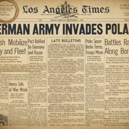 Imagen de un periódico de la época que recoge la noticia de la invasión de Polonia en septiembre de 1939, acontecimiento que marcó el inicio de la Segunda Guerra Mundial en Europa.