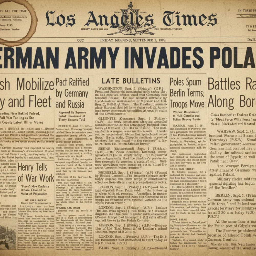 Imagen de un periódico de la época que recoge la noticia de la invasión de Polonia en septiembre de 1939, acontecimiento que marcó el inicio de la Segunda Guerra Mundial en Europa.