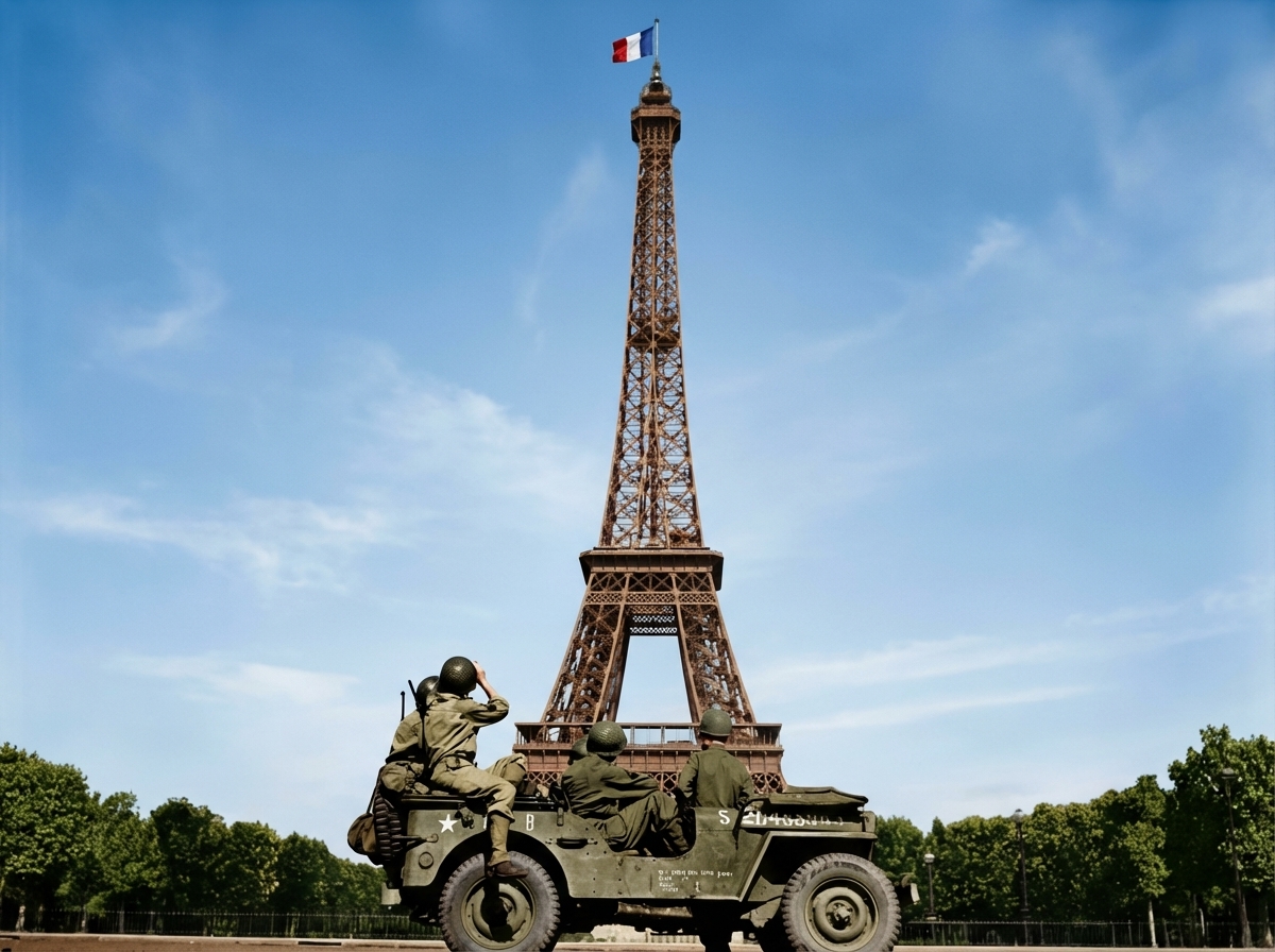 Soldados de la 4.ª División de Infantería de EE. UU. observando la Torre Eiffel en París tras la Liberación de París, imagen histórica de tropas aliadas, avance militar y final de la ocupación alemana en la Segunda Guerra Mundial