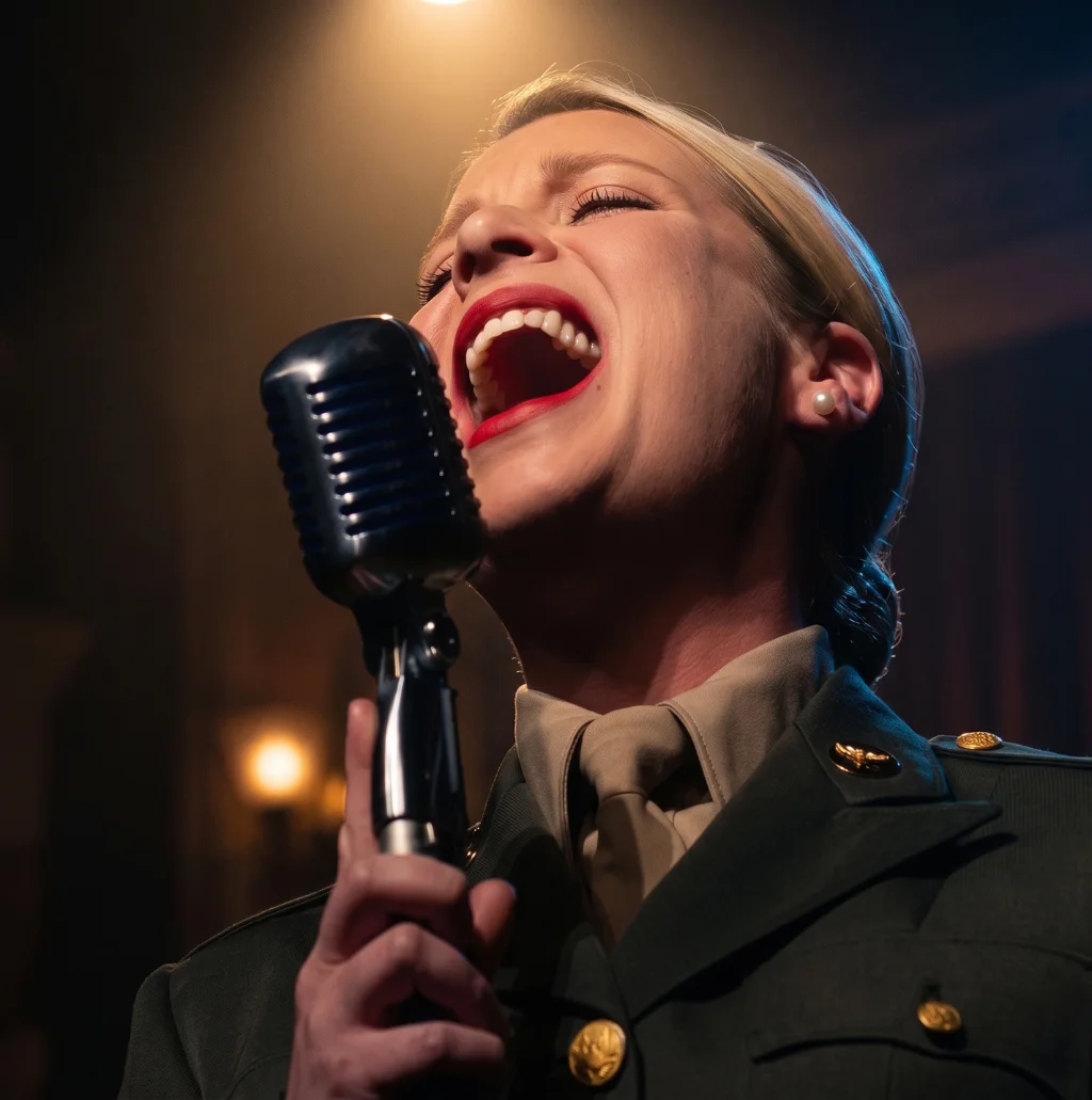 Soldado cantando We’ll Meet Again durante la Segunda Guerra Mundial, una imagen histórica que evoca la cultura y las experiencias de viaje ligadas a la historia europea.