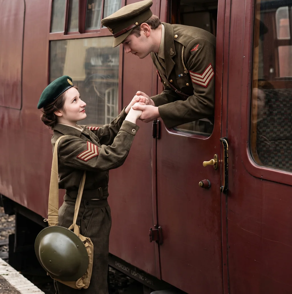 Despedida de dos soldados enamorados desde el vagón del tren ALT: Dos soldados enamorados despidiéndose desde un vagón de tren durante la Segunda Guerra Mundial, una imagen histórica que evoca los viajes, las experiencias y la dimensión humana de la historia europea.