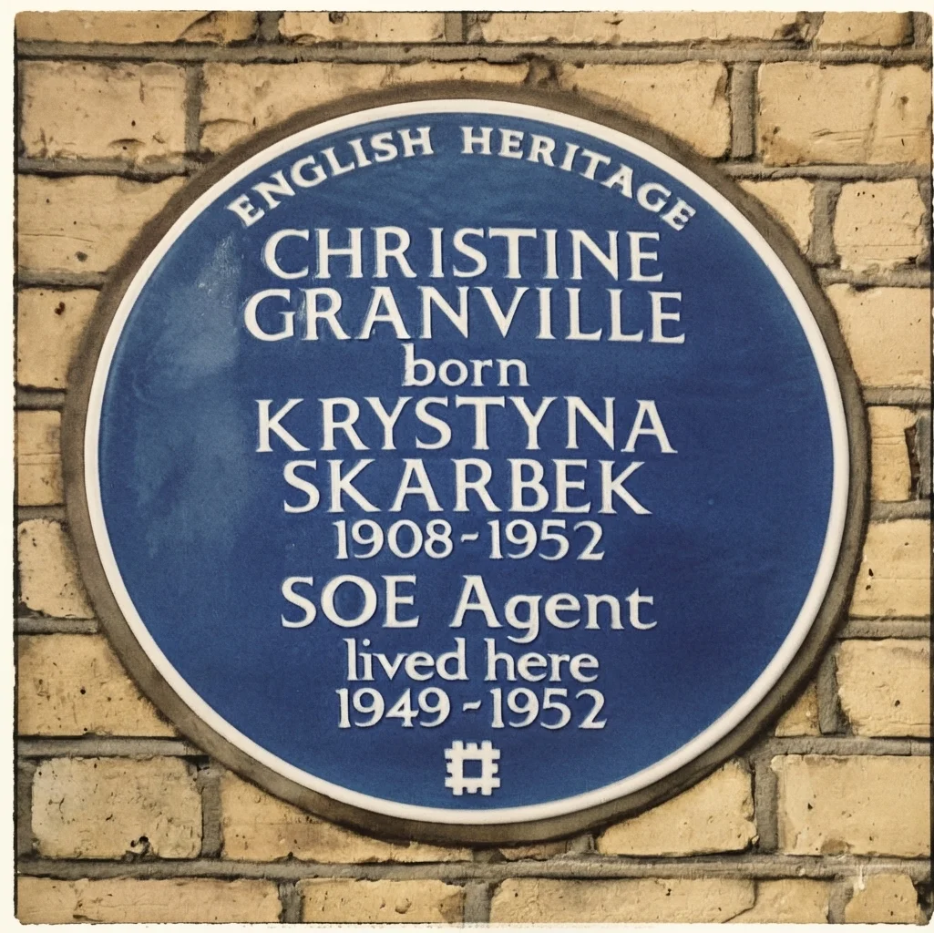 Placa conmemorativa dedicada a Christine Granville, figura histórica de la Segunda Guerra Mundial, vinculada a los viajes de historia, el turismo cultural y las experiencias en destinos históricos de Europa.