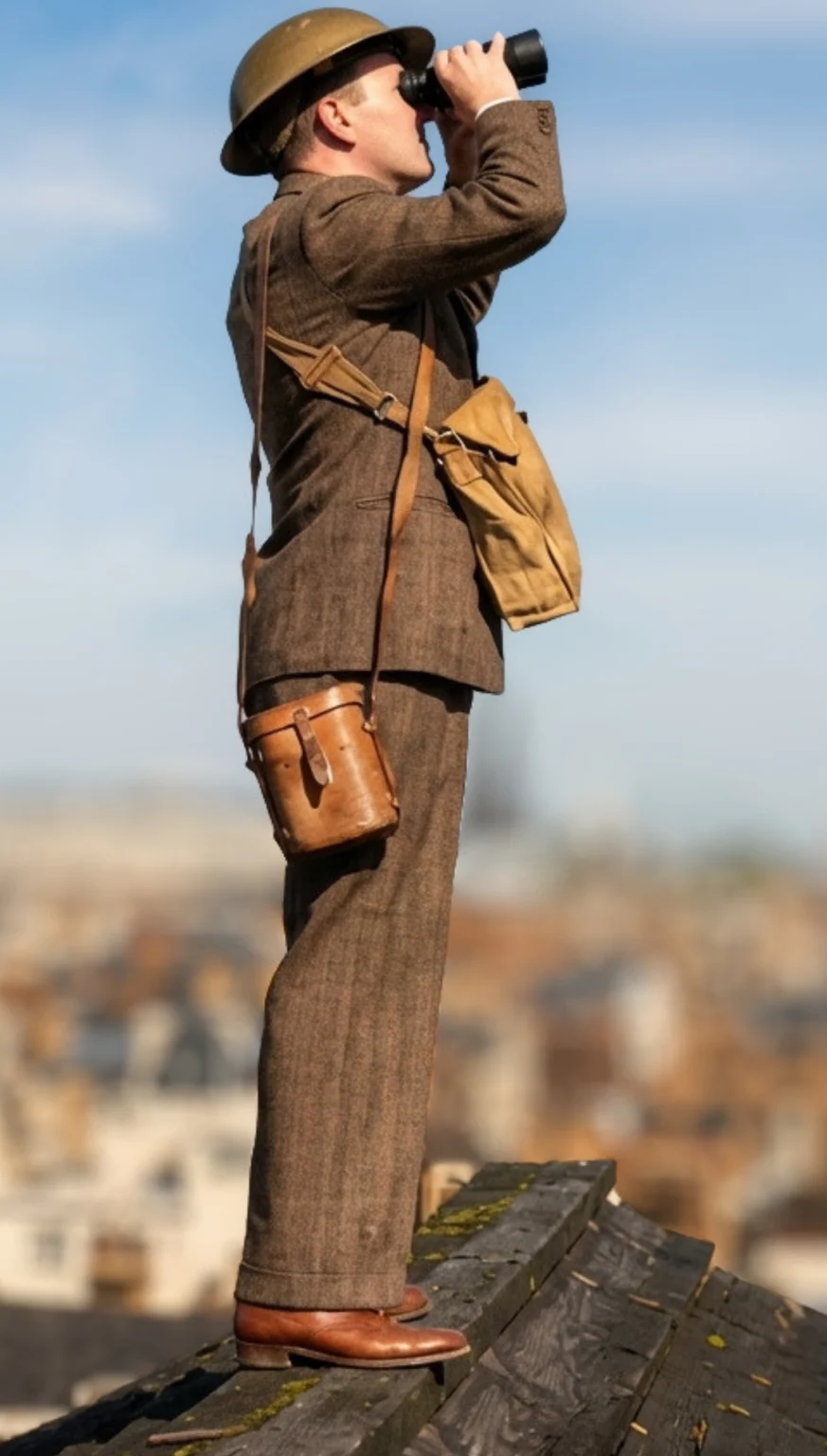 Fotografía histórica de un miembro del Cuerpo de Observadores (Royal Observer Corps) vigilando los cielos de Londres durante la Segunda Guerra Mundial, encargado de detectar y comunicar la presencia de aeronaves.