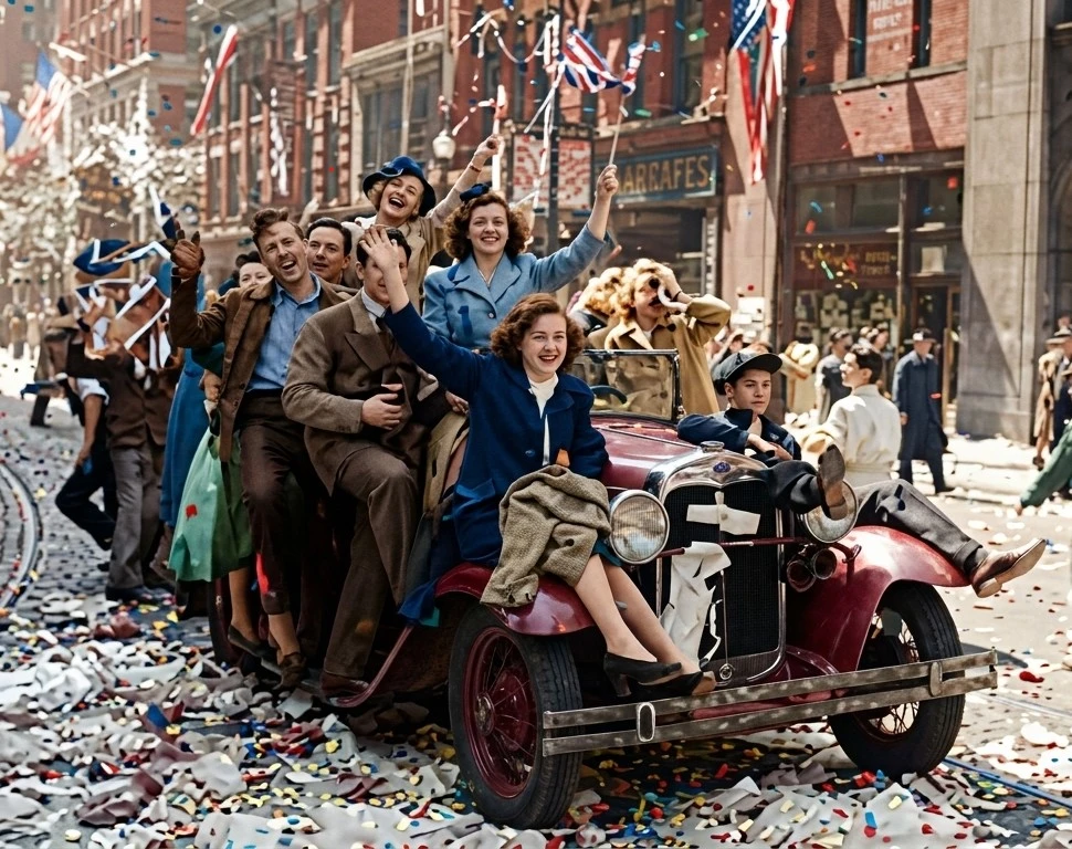 Escena de celebración y júbilo en las calles con motivo del final de la guerra, reflejando la alegría y la emoción de la población ante el regreso de la paz.