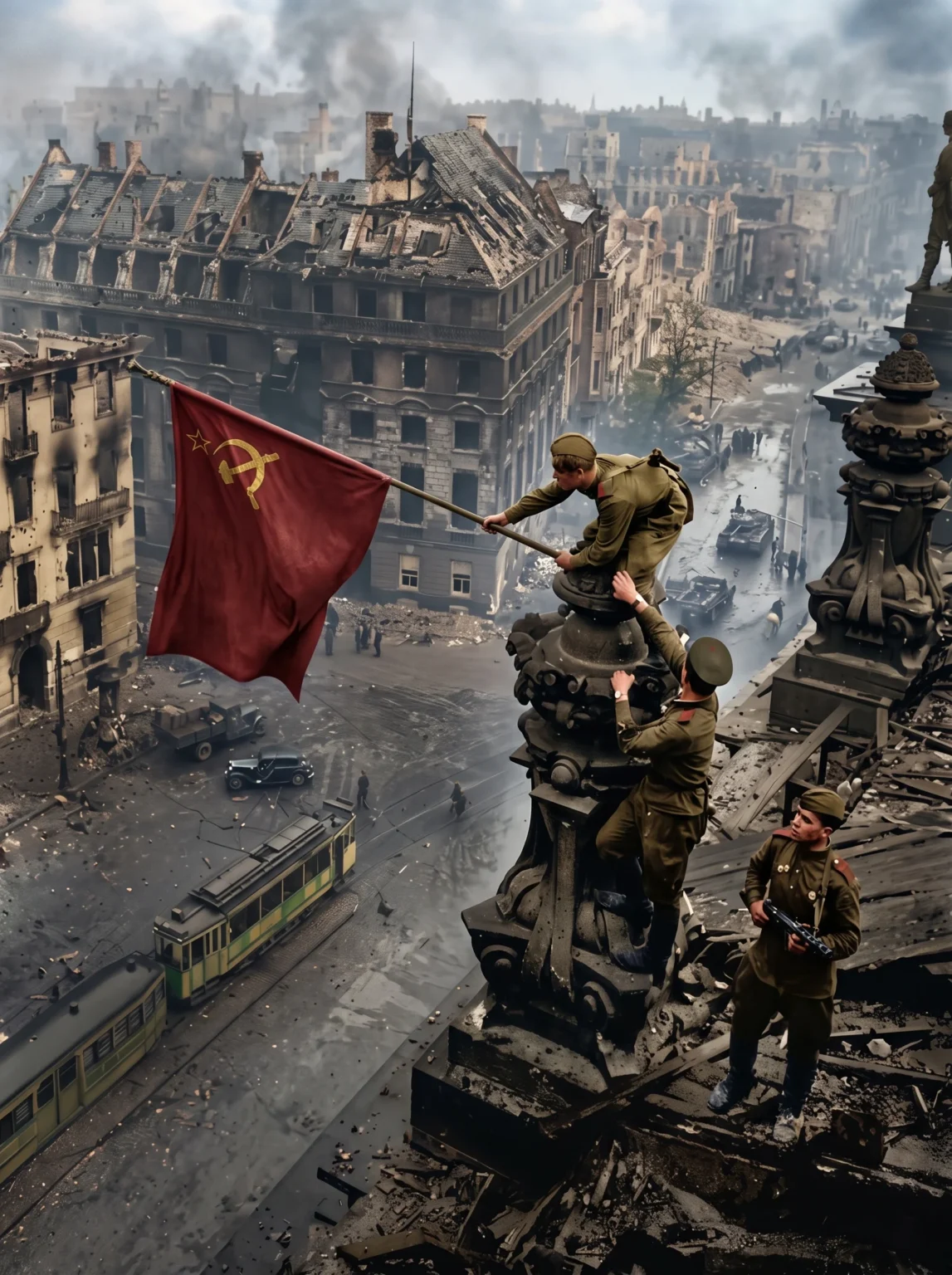 Tropas soviéticas en el Reichstag tras la toma de Berlín en 1945, una imagen histórica vinculada a la Segunda Guerra Mundial, la memoria y el patrimonio cultural de Berlín.