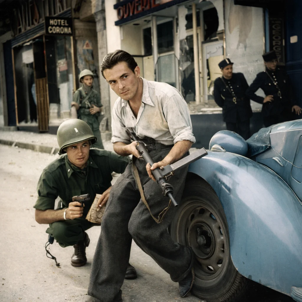 Soldado estadounidense junto a un partisano francés durante la liberación de París en 1944, una imagen histórica vinculada a la historia, la cultura y el patrimonio de la capital francesa.