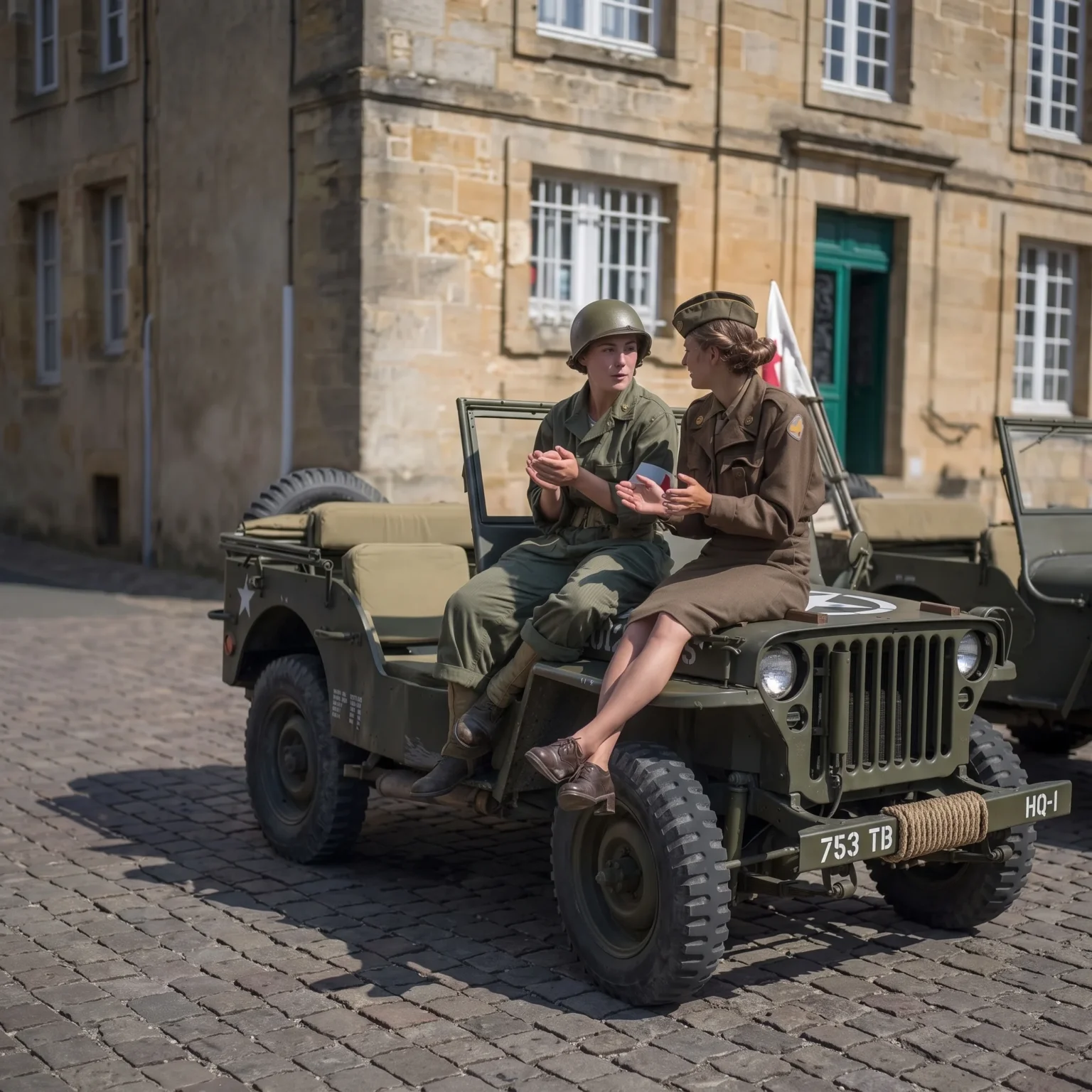 Recreadores de la Segunda Guerra Mundial desfilando en Carentan, Normandía, una experiencia cultural para descubrir la historia y el patrimonio de este destino europeo.