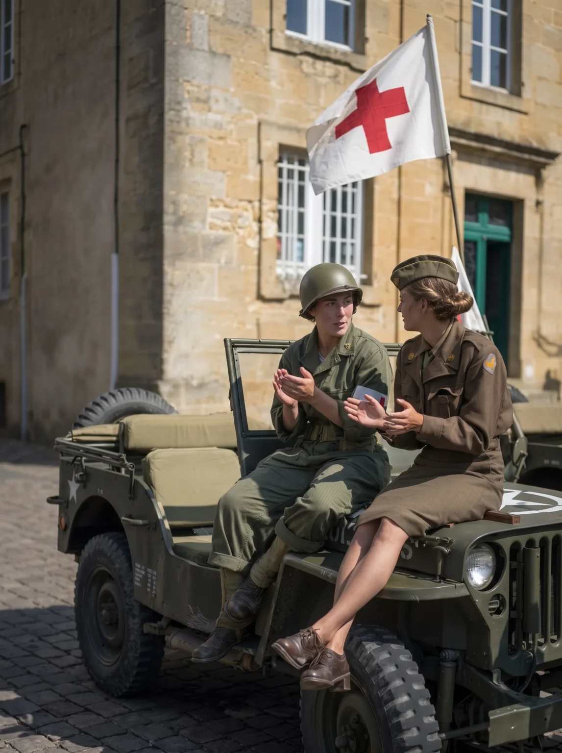 Recreadores de la Segunda Guerra Mundial desfilando en Carentan, Normandía, una experiencia cultural para descubrir la historia y el patrimonio de este destino europeo.