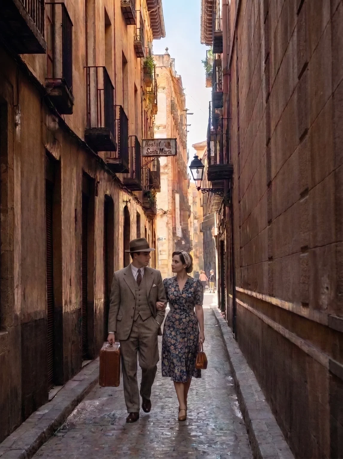 Fotografía histórica de turistas paseando por las calles de Madrid en los años 40, una imagen que muestra el ambiente urbano, la arquitectura y la vida cotidiana de la capital española durante una época de grandes cambios.