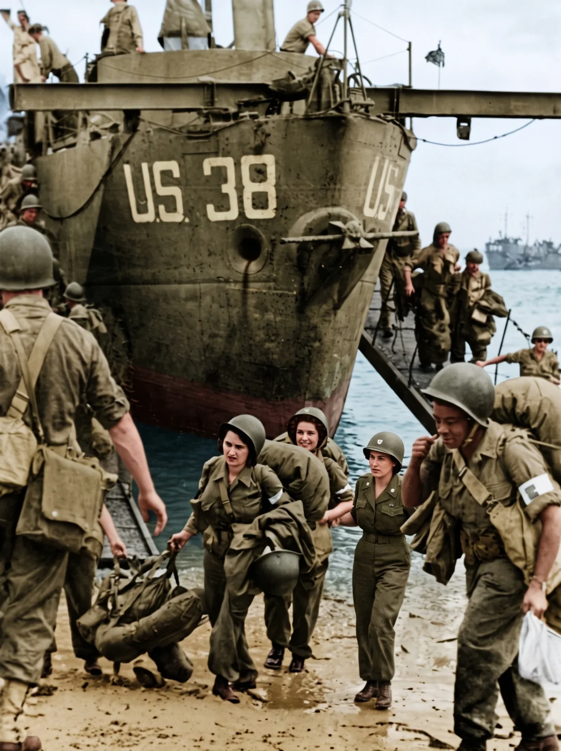 Desembarco de tropas y suministros del ejército estadounidense durante la Segunda Guerra Mundial, una imagen histórica vinculada a los viajes de historia, el turismo cultural y las experiencias en destinos históricos de Europa.