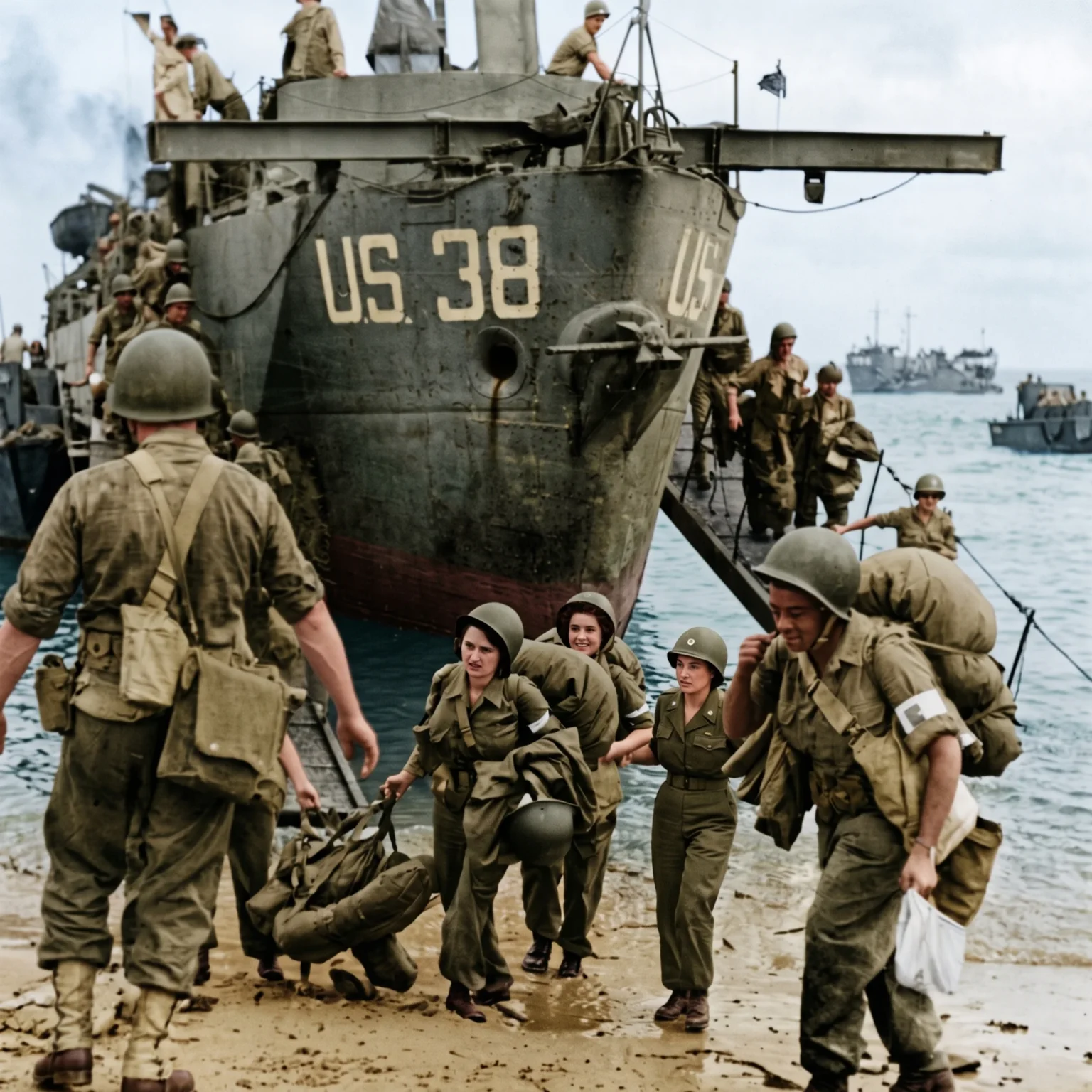 Desembarco de tropas y suministros del ejército estadounidense durante la Segunda Guerra Mundial, una imagen histórica vinculada a los viajes de historia, el turismo cultural y las experiencias en destinos históricos de Europa.