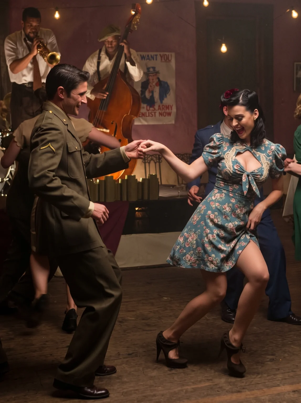 Soldados disfrutando de una noche de permiso en un local de swing durante la Segunda Guerra Mundial, una imagen histórica que muestra la cultura, el ocio y la vida cotidiana en la Europa de la época.