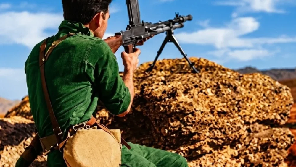 Miliciano disparando desde una posición durante la Guerra Civil Española, una imagen histórica vinculada a los viajes de historia, el turismo cultural y las experiencias en destinos de memoria y patrimonio histórico de España.